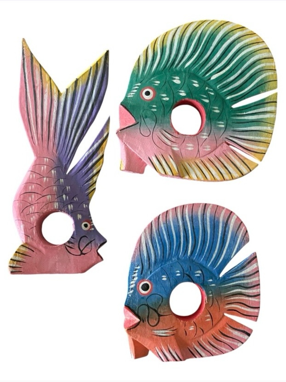 Vintage Wooden Tropical Fish Napkin Rings Holders Hand Painted Beach Set of 3